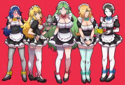 5girls akairiot black_shoes blonde_hair blue_eyes blue_hair breasts cleavage clothed crossover earrings embarrassed feet_together female female_only fire_emblem fire_emblem_awakening fully_clothed garter_straps green_hair holding_object human kid_icarus knees_together lineup looking_at_viewer looking_away lucina_(fire_emblem) maid_outfit maid_uniform maids mario_(series) multiple_females nintendo pale_skin palutena pose princess_peach princess_rosalina red_background ribbon serving_tray shoes simple_background super_smash_bros. super_smash_bros._for_nintendo_3ds_and_wii_u thighhighs uniform white_skin wii_fit_trainer rating:Safe score:253 user:Spotty_Jones