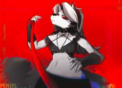  anthro armwear bent_arm black_clothing black_crop_top black_shirt black_topwear canid canine canis clothing crop_top elbow_gloves female fingerless_gloves gloves grey_hair hair handwear helluva_boss hi_res long_hair looking_at_viewer loona_(helluva_boss) mammal midriff penzel shirt tail topwear wolf  rating:safe score: user:bot