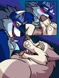  absurd_res alan_maxwolf anthro anthro_on_feral blush canid canine canis cutaway double duo feral fitcher_(kabscorner) hi_res kissing male male/male mammal tongue tongue_out wolf zoophilia  rating:questionable score: user:bot