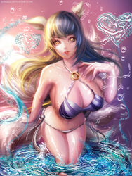 ahri animal_ears bikini breasts cleavage female fur furry_tail humanoid large_breasts league_of_legends long_hair multiple_tails sangrde solo standing tail wet yellow_eyes rating:Questionable score:47 user:chooped