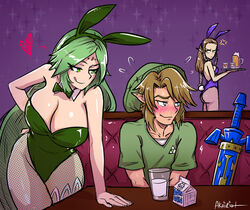 1boy 1boy2girls 2girls akairiot angry blush breasts brown_hair bunny_ears bunnygirl bunnysuit cleavage female fully_clothed green_eyes green_hair jealous kid_icarus large_breasts leotard licking_lips link link_(twilight_princess) long_hair male milk naughty_face nintendo palutena pantyhose princess_zelda smile standing the_legend_of_zelda zelda_(twilight_princess) rating:Safe score:416 user:chooped