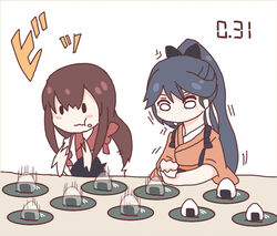  2girls :t akagi_(kancolle) brown_hair commentary_request eating food high_ponytail houshou_(kancolle) japanese_clothes kantai_collection kimono long_hair mato_tsuyoi multiple_girls muneate onigiri ponytail simple_background white_background  rating:safe score: user:bot