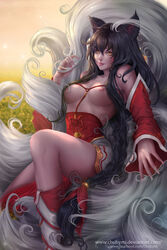 ahri animal_ears black_hair breasts chubymi facial_marks female fox_girl fur furry_tail humanoid large_breasts league_of_legends long_hair multiple_tails nipples sitting sleeves solo tail yellow_eyes rating:Explicit score:93 user:chooped