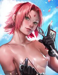 blue_eyes breasts female female_only gloves hairband human jewel kunai naruto naruto_shippuden nipples nude outdoor pink_hair sakimichan sakura_haruno short_hair small_breasts solo weapon rating:Explicit score:203 user:chooped