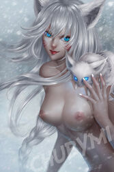 ahri animal_ears blue_eyes breasts chubymi facial_marks female fox_girl large_breasts league_of_legends long_hair nipples snow solo white_hair rating:Explicit score:78 user:chooped