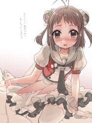 1boy arm_support blush brown_hair cum cum_in_glove double_bun ejaculation female gloves handjob kantai_collection ko_ru_ri looking_at_viewer naka_(kantai_collection) open_mouth penis school_uniform short_hair solo_focus straight text thighhighs translation_request white_legwear rating:Explicit score:32 user:bot