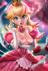 1girls bare_shoulders blonde_hair blue_eyes breasts breasts_out choker clothing crown depth_of_field dress earrings elbow_gloves female female_only gradient_background human jewelry long_hair mario_(series) medium_breasts mushroom nintendo nipple pink_dress princess_peach sakimichan smile solo sparkle standing strapless_dress super_mario_bros. umbrella upper_body rating:Explicit score:127 user:bot