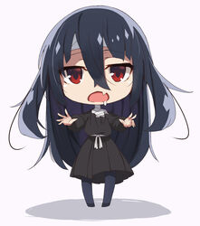  bandaged_head bandaged_neck bandages black_dress black_hair black_legwear chibi commentary_request dress drooling female hair_between_eyes hasumushi highres long_hair looking_at_viewer messy_hair oerba_yun_fang off_shoulder open_mouth outstretched_arms rag red_eyes saliva solo yamada_tae zombie_land_saga zombie_pose  rating:safe score: user:bot