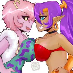  ashido_mina big_breasts black_sclera blue_eyes bracelet breast_squish breasts choker cleavage clothed clothing dark_body dark_skin duo ear_piercing ear_ring eyelashes female genie green_clothing green_topwear hair hi_res horn horned_humanoid humanoid humanoid_pointy_ears jewelry jigglensfwsnacc long_hair my_hero_academia necklace open_mouth piercing pink_body pink_hair pink_skin ponytail purple_hair red_clothing red_topwear ring_piercing shantae shantae_(series) short_hair side_view simple_background smile squish topwear wayforward white_background yellow_eyes yellow_horn  rating:questionable score: user:bot