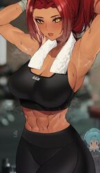 abs armpits breasts commission dark-skinned_female dark_skin fit_female light-skinned_female light_skin lilycious red_hair sports_bra sportswear sweat towel voluptuous rating:Questionable score:103 user:Drabeast99