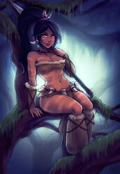 black_hair cleavage dark-skinned_female dark_skin female female_only forest human k-y-h-u league_of_legends navel nidalee ponytail sitting solo tied_hair yellow_eyes rating:Safe score:121 user:chooped