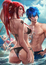 2girls 3boys ass beach bikini blonde_hair dat_ass erza_scarlet fairy_tail female gray_fullbuster jellal_fernandes lucy_heartfilia male natsu_dragneel partially_submerged red_hair sakimichan standing tattoo rating:Questionable score:169 user:chooped