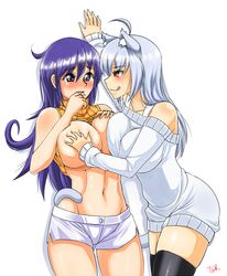 2girls ahoge animal_ears bare_shoulders black_legwear blue_eyes blush breast_grab breasts cat_ears cat_tail dress duel_masters female impossible_clothes impossible_sweater large_breasts multiple_girls naughty_face navel original_character purple_eyes purple_hair red_eyes ribbed_sweater sawati shirt short_dress short_shorts shorts silver_hair sweater sweater_dress sweater_lift tail tasogare_mimi thighhighs turtleneck twrlare yuri rating:Questionable score:44 user:Shaded_Cube