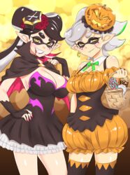 2girls beauty_mark black_hair callie_(splatoon) cleavage clothing cosplay dress female grey_hair halloween inkling marie_(splatoon) mask mole multiple_girls nintendo pale_skin pointy_ears smile splatoon squid_sisters standing straight_hair taka-michi yellow_eyes rating:Safe score:175 user:chooped