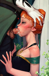 anna_(frozen) blush cleavage cum cum_in_mouth cum_inside cum_on_breasts cum_on_clothes disney faceless_male facial fellatio female freckles frozen_(film) hair head_grab human humanoid incase male mouthful oral orange_hair pendant penis runny_makeup straight testicles used rating:Explicit score:758 user:chooped