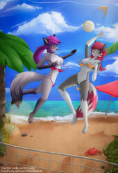 anthro arthropod beach blue_eyes blush breasts canine casual_nudity clothed clothing crab crustacean derpah digitigrade duo ear_piercing female green_eyes hair half-closed_eyes hybrid mammal marine multicolored_hair navel nipples nude panties paws piercing pink_hair pink_panties ponytail pussy raccoon rikki seaside skimpy striped striped_panties tasteful_nudity tied_hair umbrella underwear volleyball wardrobe_malfunction wolf rating:Explicit score:35 user:bot