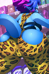 alien alien_girl ass bent_over big_ass blue_skin breasts female leopard_print mirabelle pointy_ears purple_hair riendonut sideboob solo tail rating:Questionable score:33 user:punkmaster