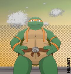  2_fingers absurd_res anthro below_view belt cloud fence fingers hi_res humanoid looking_at_viewer male mask michelangelo_(tmnt) mkaiast reptile scalie sky solo teenage_mutant_ninja_turtles turtle  rating:safe score: user:bot