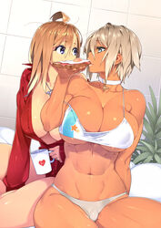 2girls abs bikini blonde_hair blue_eyes breasts brown_hair cameltoe choker cleavage dark-skinned_female dark_skin eating eye_contact female food large_breasts long_hair muscular_female necklace nipple_bulge original pendant sela_(sela_god) sela_god sharing_food shirt short_hair sitting ursula_(sela_god) wife_and_wife rating:Questionable score:146 user:chooped