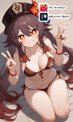  ai-generated aiart_anim bikini breasts enjoying genshin_impact highres hu_tao_(genshin_impact) large_breasts non-web_source patreon swimsuit v  rating:safe score: user:bot