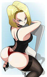 1girls android android_18 ass ass_cleavage blonde_hair breasts butt_crack choker dragon_ball dragon_ball_z earrings eye_contact female female_only high_heels large_ass looking_at_viewer platform_heels shoes short_hair shounen_jump sitting sitting_on_chair solo solo_female sonson-sensei thick_ass thick_thighs thighhighs thighs thong rating:Questionable score:255 user:Bikuta69