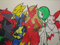  blaziken crossover digimon duo gardevoir green_hair kewon lucario pokemon red_eyes renamon zangoose zoroark  rating:explicit score: user:usernam