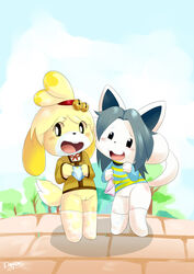 2girls animal_crossing blush bottomless canid canine canis casual_exposure casual_nudity clyndemoon crossover duo female female_only footwear fur furry furry_only half-dressed isabelle_(animal_crossing) looking_at_viewer nintendo open_mouth panties partially_clothed pussy semi-anthro standing tail temmie temmie_(undertale) thighhighs topwear undertale underwear rating:Explicit score:70 user:bot