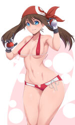 armpits artist_name bad_id bare_shoulders bikini blue_eyes breasts brown_hair collarbone dual_wielding female female_only gloves grin hair_between_eyes head_scarf highres holding holding_poke_ball human human_only long_hair looking_at_viewer may_(pokemon) micro_bikini midriff navel nintendo parted_lips poke_ball pokemon pokemon_rse red_bikini simple_background smile solo stomach stormcow swimsuit tied_hair twintails underboob white_gloves rating:Safe score:141 user:Lunacy