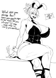  1girls battle_bunny_riven black_and_white bunny_ears bunnysuit english_text huge_breasts krubinka league_of_legends muscular_female nipple_bulge nipple_slip riven short_hair smoking tagme thick_thighs  rating:explicit score: user:bot