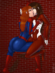 2girls ass breast_grab brown_hair closed_eyes dat_ass eyeliner eyeshadow female female_only french_kiss fully_clothed hourglass_figure jessica_drew kissing lipstick marvel multiple_girls peter_parker red_hair rule_63 skottichan spider-man spider-man_(series) spider-woman straight_hair tight_clothing ultimate_spider-man ultimate_spider-woman yuri rating:Questionable score:64 user:theblackfox51