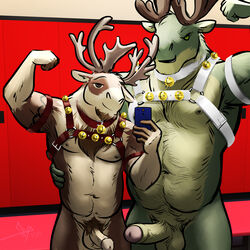 anthro antlers bell bgn cervine chefbg deer duo erection harness horn locker_room luxordtimet male male_only mammal ozzy_(character) penis reindeer selfie victor_(character) rating:Explicit score:9 user:bot