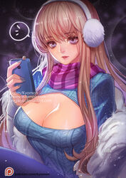 blonde_hair breasts cleavage cleavage_cutout clothing earmuffs female league_of_legends long_hair phone purple_eyes scarf snow snow_day_syndra snowdown_showdown_series songjikyo syndra winter rating:Questionable score:76 user:CherryGal