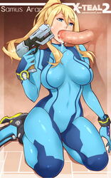 1boy 1girls big_penis blonde_hair blue_eyes bodysuit cheek_bulge clothed_female_nude_male cum cum_in_mouth cum_inside fellatio female firearm gun hair handgun human kneeling male metroid nintendo oral pale_skin penis samus_aran straight tight_clothing weapon wristwear x-teal zero_suit zero_suit_samus rating:Explicit score:261 user:Anonymous77