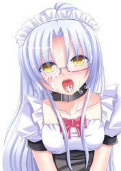 after_fellatio angel_beats! bad_id blush collar cum cum_in_mouth cum_on_face cum_on_glasses cute empty_eyes enmaided facial glasses high_resolution kanade_tachibana maid open_mouth silver_hair source_request tongue yellow_eyes rating:Explicit score:61 user:XIII