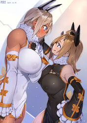 2girls blonde_hair blue_eyes blush breasts brown_hair dark-skinned_female dark_skin dress erect_nipples female headgear large_breasts licking_lips long_hair muscular_female phantasy_star_online_2 sela_(sela_god) sela_god short_hair sleeves standing sweatdrop ursula_(sela_god) rating:Questionable score:89 user:chooped