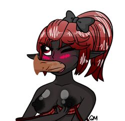  angry areolae bare_shoulders blush borrowed_character bra breasts cheek_bulge cute_fang fellatio hair hairbow oral original pointy_ears quackmeister red_eyes red_hair saliva tongue  rating:explicit score: user:quackmeister