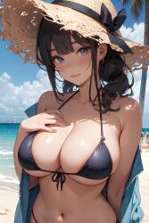  ai_generated beach beach_hat bikini black_hair blue_eyes breasts fbps35 jacket original original_character  rating:questionable score: user:bot