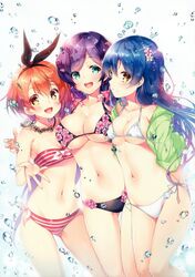 3girls bikini blue_eyes blue_hair blush breasts female female_only hair hoshizora_rin large_breasts long_hair love_live! love_live!_school_idol_project medium_breasts miwabe_sakura multiple_girls navel orange_eyes orange_hair purple_hair short_hair small_breasts sonoda_umi toujou_nozomi yellow_eyes rating:Questionable score:42 user:rojrex