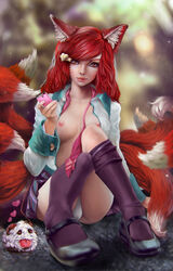 1girls absurdres academy_ahri ahri alternate_costume alternate_hair_color animal_ears bangs black_legwear blouse breasts brown_eyes female fox_ears fox_tail hair_ornament hairclip heart heart_hair_ornament highres horns large_breasts league_of_legends light_smile long_hair looking_at_viewer mary_janes miniskirt multi_tail multiple_tails nipples no_bra open_blouse open_clothes panties plaid plaid_skirt pleated_skirt poro_(league_of_legends) red_hair riot_games school_uniform sitting skirt swept_bangs tail thighhighs tigrsasha tongue tongue_out upskirt whisker_markings white_panties rating:Explicit score:166 user:Shaded_Cube