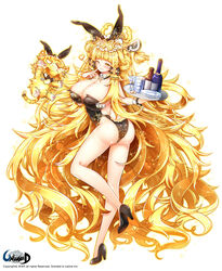 absurdly_long_hair alcohol animal_ears ass blonde_hair bottle brooch bunny_ears bunny_tail bunnysuit copyright_name cup detached_collar drinking_glass female high_res jewelry long_hair name_tag official_artwork poseich solo tail tiger tray unleashed very_long_hair wine wine_glass wrist_cuffs yellow_eyes rating:Questionable score:20 user:Davyyyyy_Jones