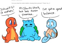 2013 balls blue_body blue_eyes blush brown_eyes bulbasaur charmander english_text feral group humor jigglybutts male nintendo penis plain_background pokémon_(species) pokemon pokemon_rgby red_body squirtle text tumblr tumblr_ask video_games white_background yellow_body rating:Explicit score:6 user:bot