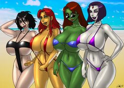 2010s 2012 4girls aged_up alternate_breast_size atlee beach bikini bob_cut breasts busty cerberuslives cleavage dc dc_comics eyeliner large_breasts lipstick miss_martian rachel_roth raven_(dc) sling_bikini starfire teen_titans voluptuous wilko young_justice rating:Questionable score:99 user:thebooblover