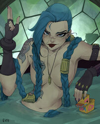 1girls 2021 arcane arcane_jinx armwear bath blue_eyes blue_hair braided_hair breasts evviart female female_only fingerless_gloves in_water jinx_(league_of_legends) league_of_legends looking_at_viewer narrowed_eyes red_lipstick riot_games smiling smiling_at_viewer solo very_long_hair water rating:Questionable score:152 user:BlueVertig0