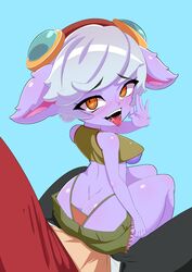 1boy 1boy1girl 1girls 2023 ahegao ass ass_cleavage blush breasts bubble_butt butt_crack crop_top fluffy_ears gesture goggles goggles_on_head keisar_(artist) league_of_legends looking_back nipple_slip nipples open_mouth orange_eyes panties purple_body purple_skin riot_games saliva short_hair short_shorts shorts sitting sitting_on_lap sitting_on_person tagme thighs thong thong_above_shorts tongue tongue_out tristana underboob white_hair yordle rating:Questionable score:82 user:AbsoluteTerritory