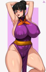 1girls 2024 armpits arms_behind_head breasts chichi covered_nipples dragon_ball dragon_ball_z dress female jmg no_panties pelvic_curtain shounen_jump solo solo_female rating:Questionable score:96 user:Duncan33303