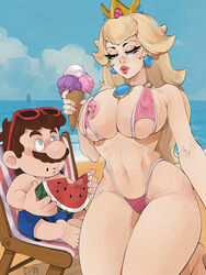 1boy 1girls 2022 areolae beach beach_chair big_breasts bikini blonde_hair blue_eyes blush crown earrings evviart female ice_cream ice_cream_cone ice_cream_on_breasts long_hair male mario mario_(series) narrowed_eyes nintendo nipple_bulge nipples one_nipple_out princess_peach red_lipstick seas seaside sunglasses_on_head thick_thighs watermelon rating:Explicit score:105 user:BlueVertig0