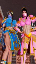 2girls 3d abs athletic athletic_female black_hair blue_eyes boots breasts clone clothed edenian fan flower flower_in_hair gold_(metal) honey_select honey_select_2 kitana large_breasts long_hair looking_at_viewer mask mileena mortal_kombat mortal_kombat_1_(2023) mortal_kombat_darkverse mouth_veil princess sai_(weapon) sharp_teeth sisters slit_pupils theobscureone thighhighs tiara veil rating:Questionable score:21 user:TheObscureOne