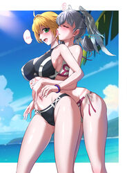 2girls absurd_res alternate_costume beach bikini black_bikini blonde_hair blue_hair blush breasts busty cleavage curvy dominant_female domination erect_nipples erect_nipples_under_bikini female female_only femdom femsub fiora_(xenoblade) green_eyes head_wings heart highres large_breasts lezdom lezsub licking medium_breasts melia_antiqua mercury_xeno midriff monolith_soft navel nintendo official_alternate_costume pink_bikini silver_hair slim_waist submissive submissive_female swimsuit_aside thick_thighs thighs voluptuous_female wide_hips wings wings_on_head xenoblade_(series) xenoblade_chronicles yuri rating:Questionable score:30 user:Xeno_Slut