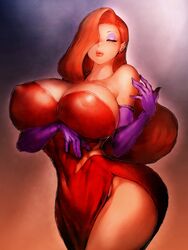 1girls breasts busty cleavage clothes disney dress elbow_gloves eyeshadow female female_only fumio_(rsqkr) gloves hair_over_one_eye human jessica_rabbit large_breasts lipstick long_hair makeup red_hair solo standing voluptuous who_framed_roger_rabbit rating:Questionable score:312 user:chooped