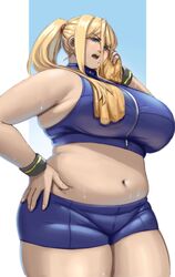 1girls alterxsu belly belly_button blonde_hair blue_eyes clothed fat female metroid nintendo obese overweight samus_aran shorts sweat tight_clothing rating:Explicit score:34 user:Ffdffff